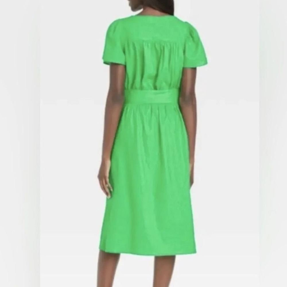 Who What Wear Kelly Green Midi Dress XS Puff Sleeve Tie Waist Square Neck NWT - Picture 2 of 10